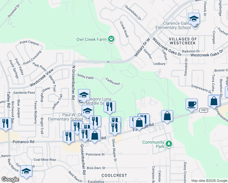 map of restaurants, bars, coffee shops, grocery stores, and more near 406 Aspen Canyon in San Antonio