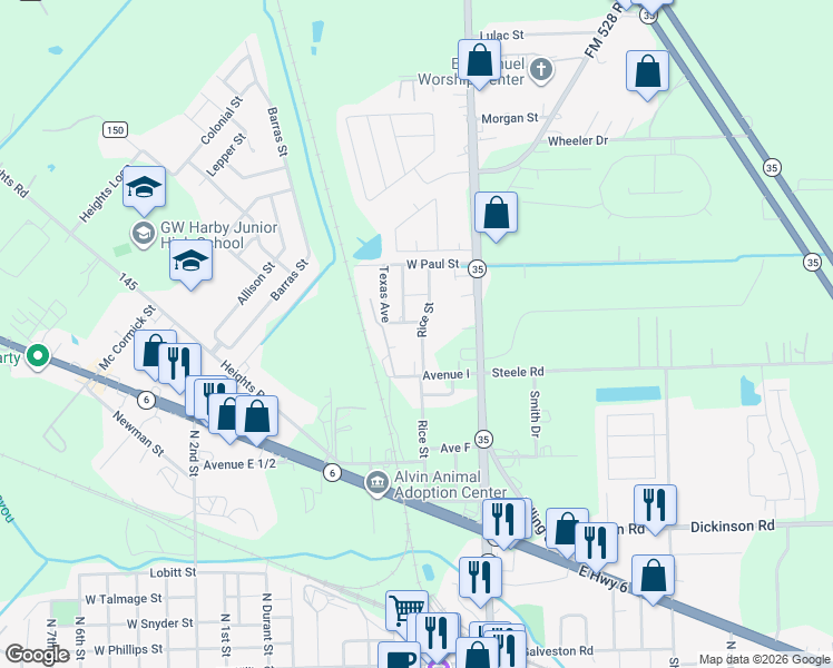 map of restaurants, bars, coffee shops, grocery stores, and more near 1407 Rice Street in Alvin
