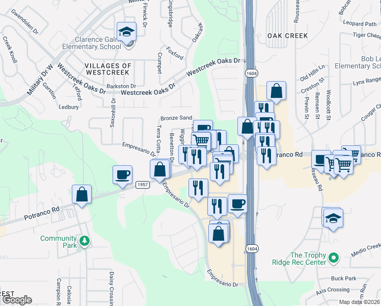 map of restaurants, bars, coffee shops, grocery stores, and more near 331 Territory Oak in San Antonio