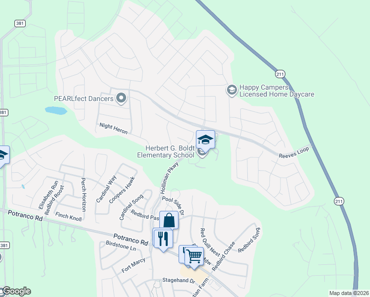 map of restaurants, bars, coffee shops, grocery stores, and more near 311 Bluebird Song in San Antonio