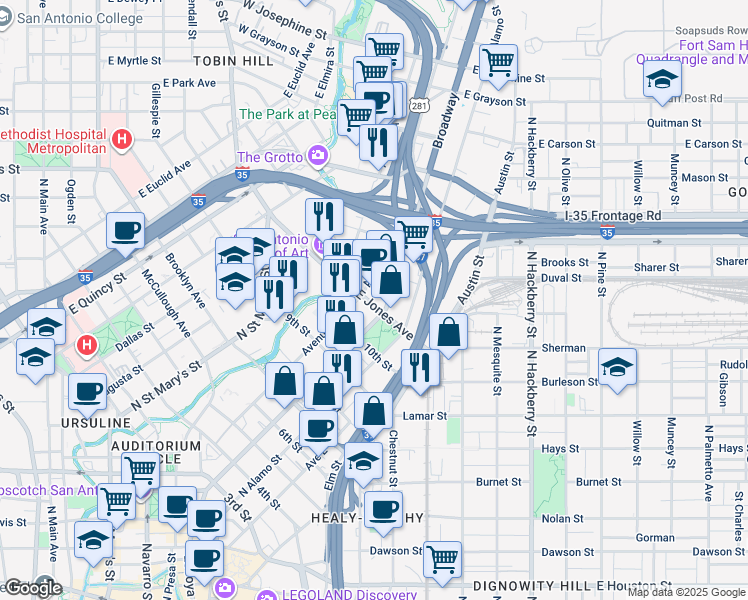 map of restaurants, bars, coffee shops, grocery stores, and more near 203 East Jones Avenue in San Antonio