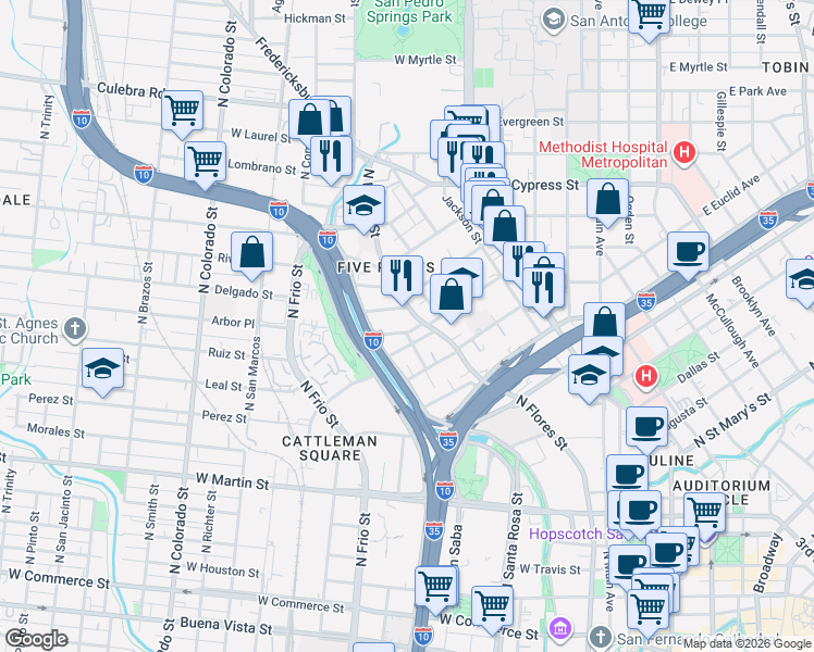 map of restaurants, bars, coffee shops, grocery stores, and more near 619 Marshall Street in San Antonio