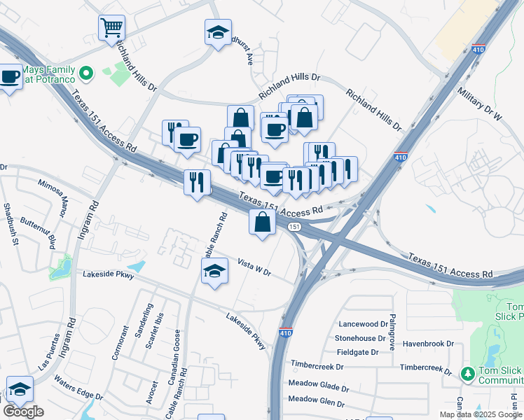 map of restaurants, bars, coffee shops, grocery stores, and more near Texas 151 in San Antonio