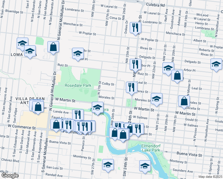 map of restaurants, bars, coffee shops, grocery stores, and more near 127 Dartmouth Street in San Antonio