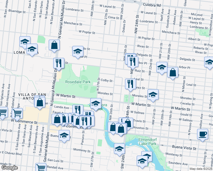 map of restaurants, bars, coffee shops, grocery stores, and more near 127 Dartmouth Street in San Antonio