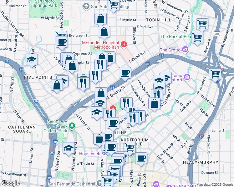 map of restaurants, bars, coffee shops, grocery stores, and more near 312 East Quincy Street in San Antonio