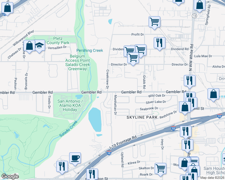 map of restaurants, bars, coffee shops, grocery stores, and more near 919 Gembler Road in San Antonio