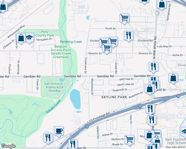 map of restaurants, bars, coffee shops, grocery stores, and more near 919 Gembler Road in San Antonio
