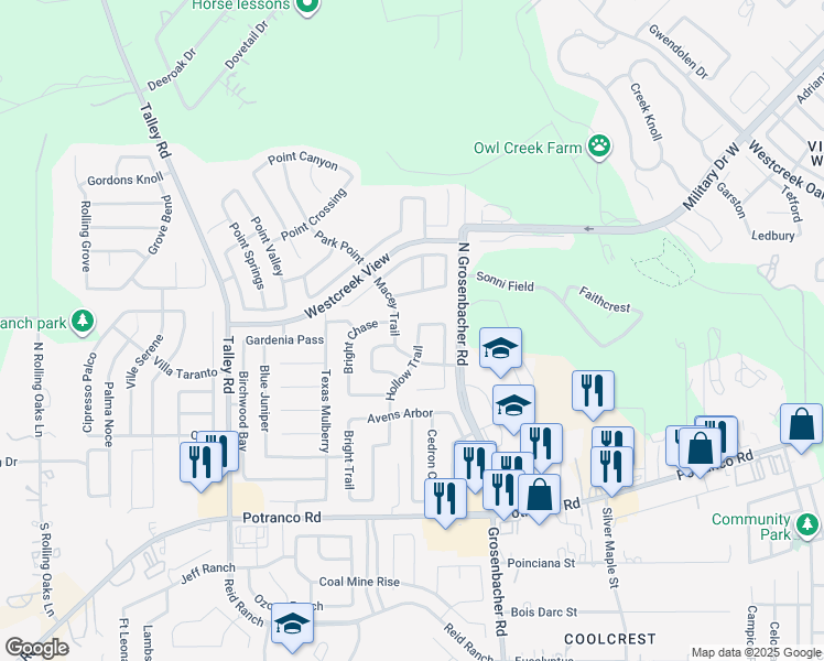 map of restaurants, bars, coffee shops, grocery stores, and more near 319 Hollow Trail in San Antonio