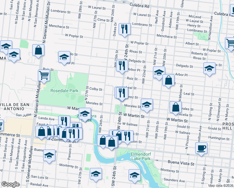 map of restaurants, bars, coffee shops, grocery stores, and more near 3317 Perez Street in San Antonio
