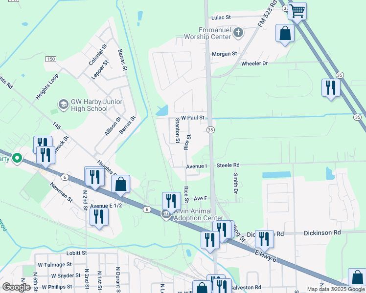 map of restaurants, bars, coffee shops, grocery stores, and more near 1407 Rice Street in Alvin