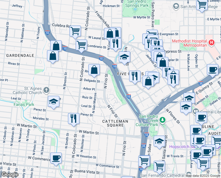 map of restaurants, bars, coffee shops, grocery stores, and more near 1010 North Frio Street in San Antonio