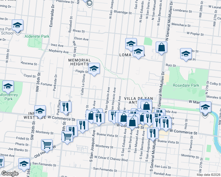 map of restaurants, bars, coffee shops, grocery stores, and more near 247 North San Horacio Avenue in San Antonio