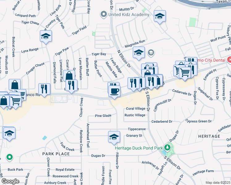map of restaurants, bars, coffee shops, grocery stores, and more near 10015 Potranco Road in San Antonio