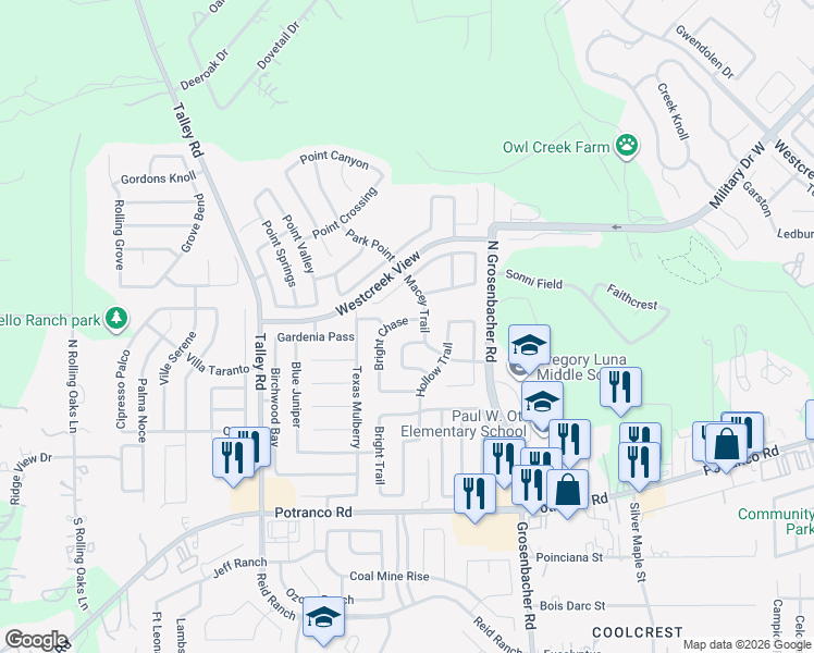 map of restaurants, bars, coffee shops, grocery stores, and more near 418 Bright Chase in San Antonio
