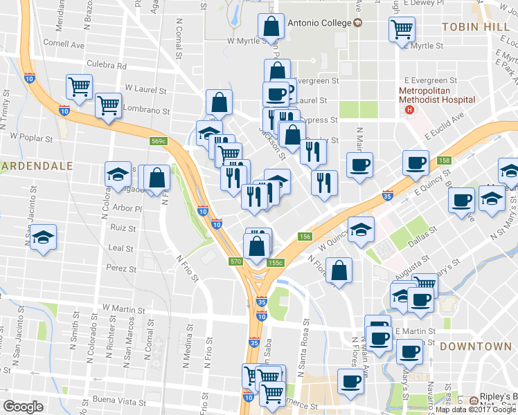 map of restaurants, bars, coffee shops, grocery stores, and more near 522 Marshall Street in San Antonio