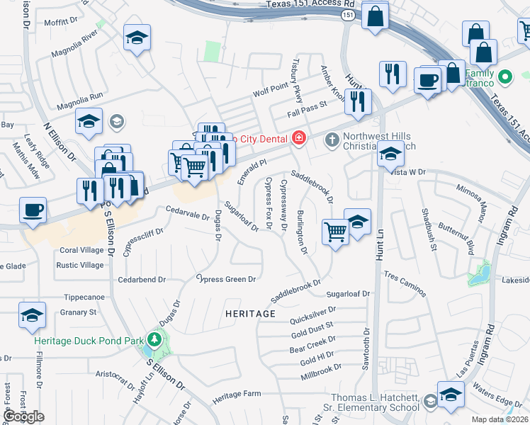 map of restaurants, bars, coffee shops, grocery stores, and more near 330 Cypress Garden Drive in San Antonio