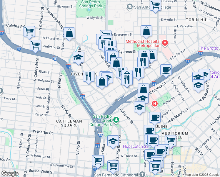 map of restaurants, bars, coffee shops, grocery stores, and more near 621 West Euclid Avenue in San Antonio