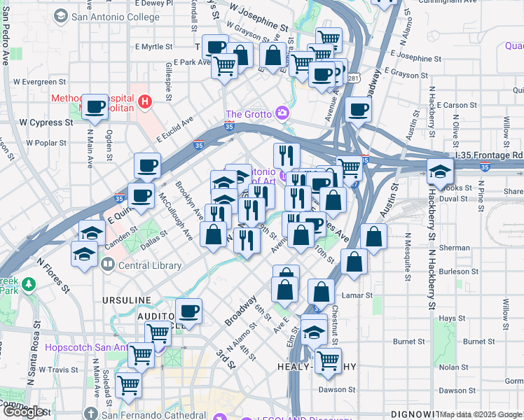 map of restaurants, bars, coffee shops, grocery stores, and more near 218 Arden Grove Street in San Antonio