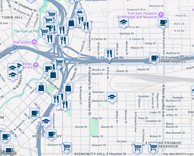 map of restaurants, bars, coffee shops, grocery stores, and more near 1319 North Olive Street in San Antonio
