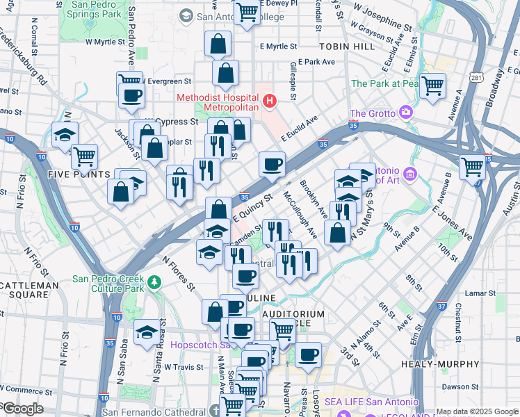 map of restaurants, bars, coffee shops, grocery stores, and more near 312 East Quincy Street in San Antonio
