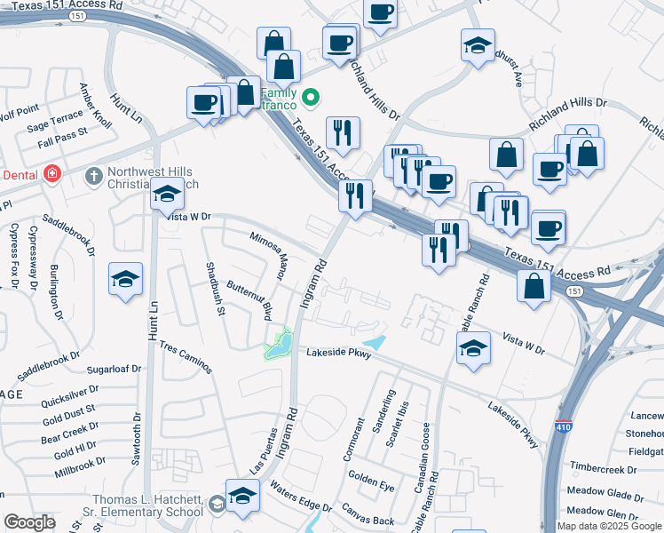map of restaurants, bars, coffee shops, grocery stores, and more near 10018 Ingram Road in San Antonio