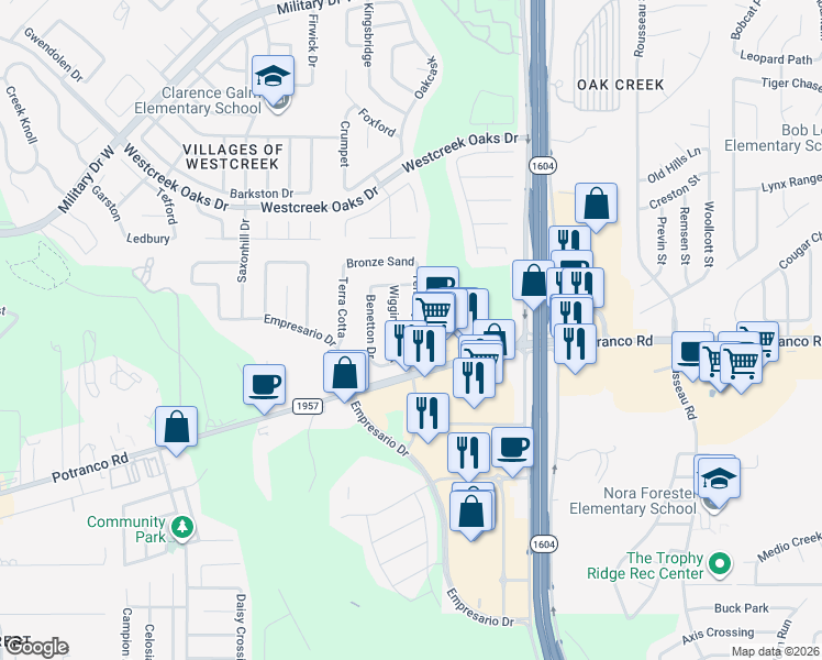 map of restaurants, bars, coffee shops, grocery stores, and more near 331 Territory Oak in San Antonio