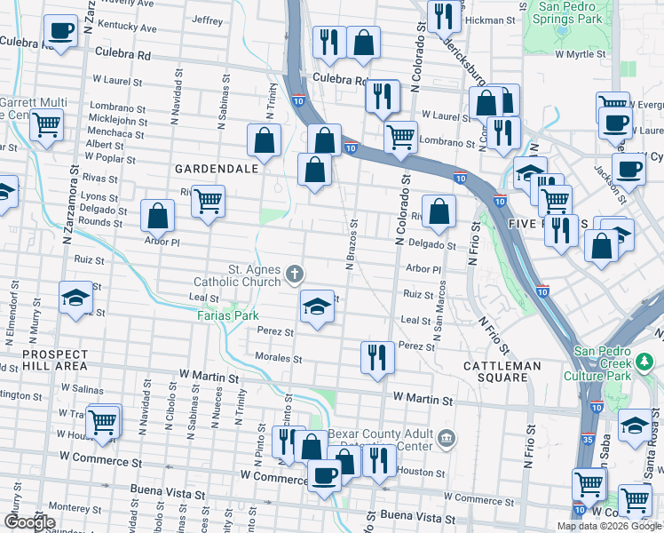 map of restaurants, bars, coffee shops, grocery stores, and more near 925 North Brazos Street in San Antonio