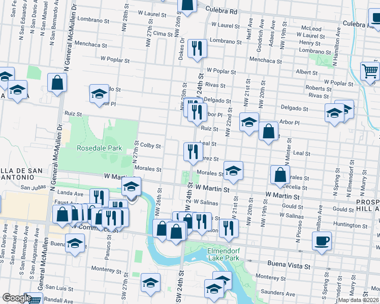 map of restaurants, bars, coffee shops, grocery stores, and more near 3317 Perez Street in San Antonio