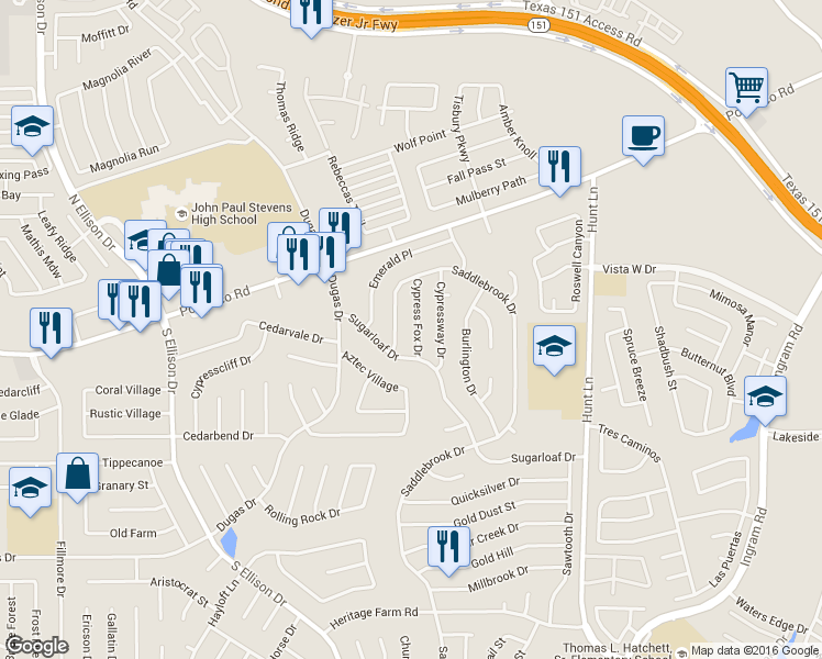 map of restaurants, bars, coffee shops, grocery stores, and more near 330 Cypress Garden Drive in San Antonio