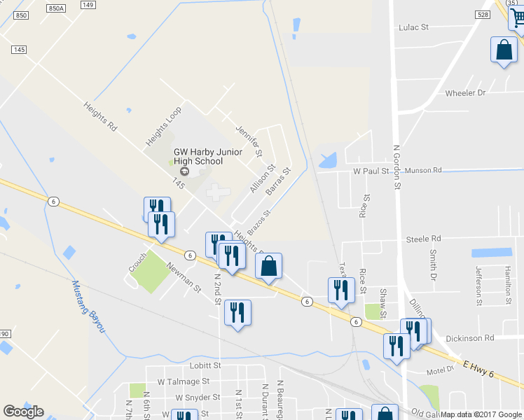 map of restaurants, bars, coffee shops, grocery stores, and more near 1418 Barras Street in Alvin