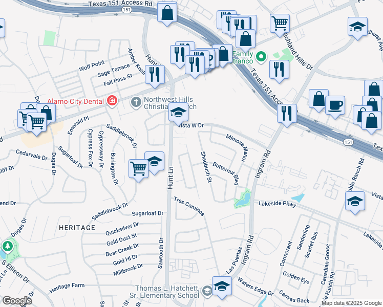 map of restaurants, bars, coffee shops, grocery stores, and more near 226 Spruce Breeze in San Antonio