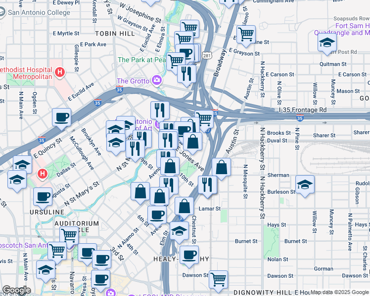 map of restaurants, bars, coffee shops, grocery stores, and more near 203 East Jones Avenue in San Antonio