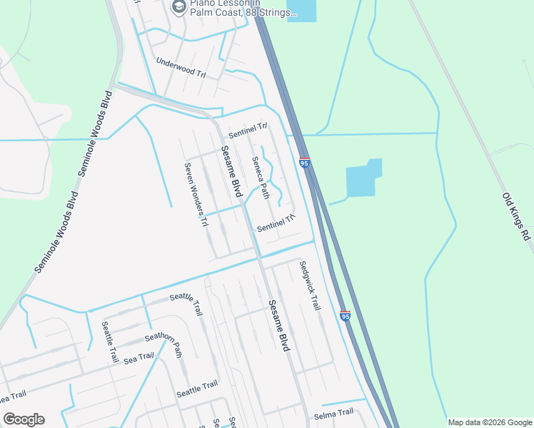 map of restaurants, bars, coffee shops, grocery stores, and more near 36 Seneca Path in Palm Coast