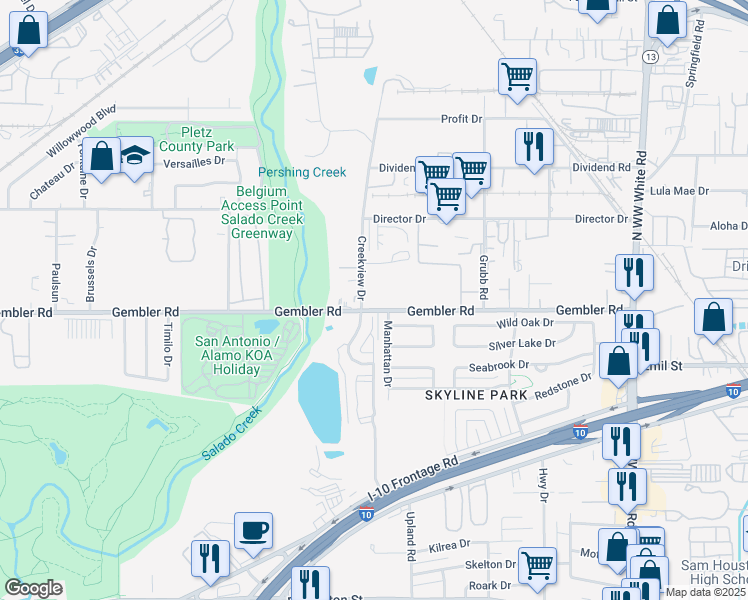 map of restaurants, bars, coffee shops, grocery stores, and more near 911 Gembler Road in San Antonio