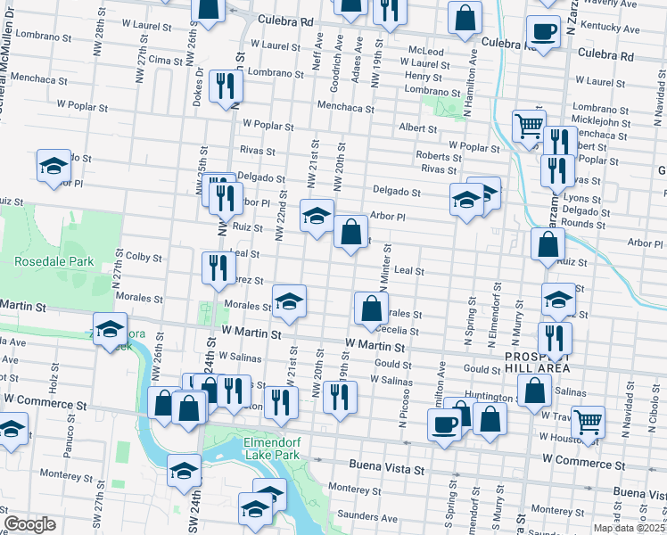 map of restaurants, bars, coffee shops, grocery stores, and more near 2122 Leal Street in San Antonio