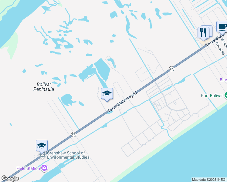 map of restaurants, bars, coffee shops, grocery stores, and more near 667 State Highway 87 in Bolivar Peninsula