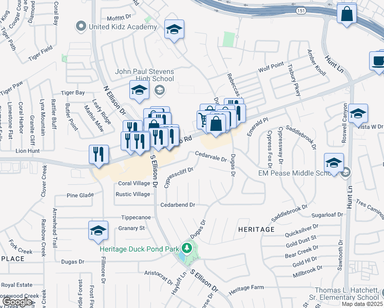map of restaurants, bars, coffee shops, grocery stores, and more near 606 Heritage Way in San Antonio