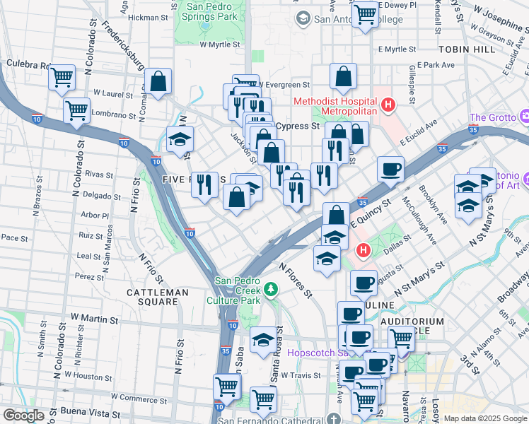 map of restaurants, bars, coffee shops, grocery stores, and more near 621 West Euclid Avenue in San Antonio