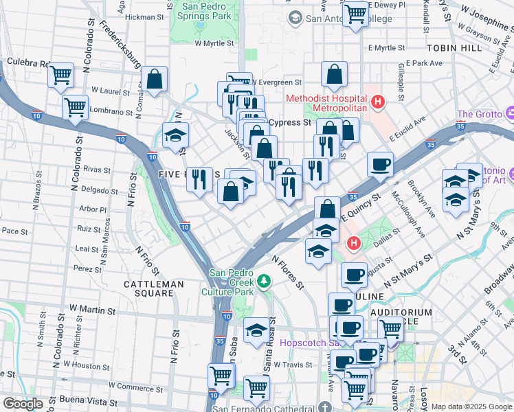 map of restaurants, bars, coffee shops, grocery stores, and more near 621 West Euclid Avenue in San Antonio