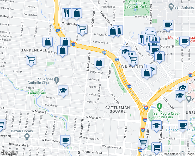 map of restaurants, bars, coffee shops, grocery stores, and more near 409 Arbor Place in San Antonio