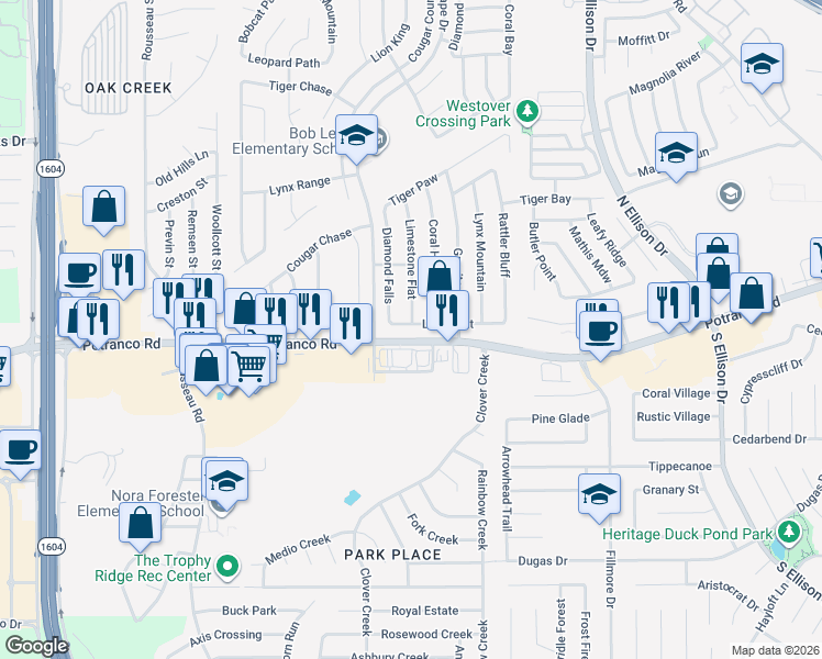 map of restaurants, bars, coffee shops, grocery stores, and more near 10406 Lion Hunt in San Antonio