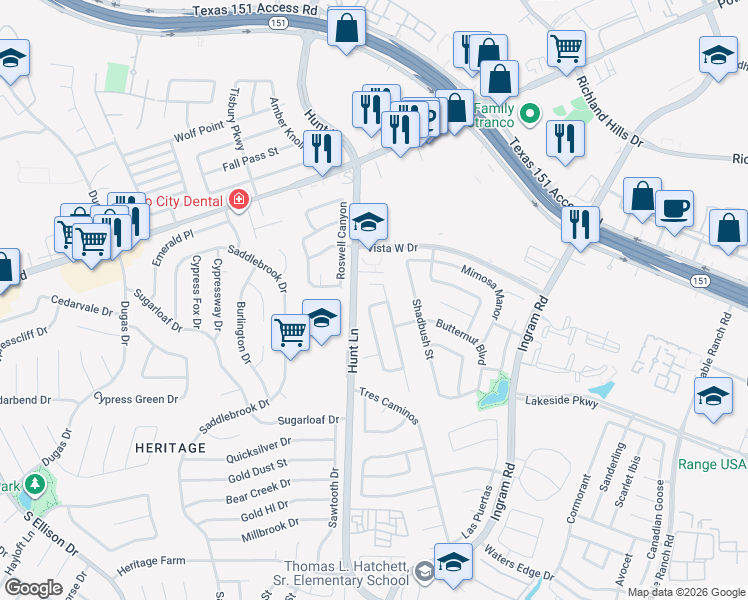 map of restaurants, bars, coffee shops, grocery stores, and more near 9311 Spruce Crest in San Antonio