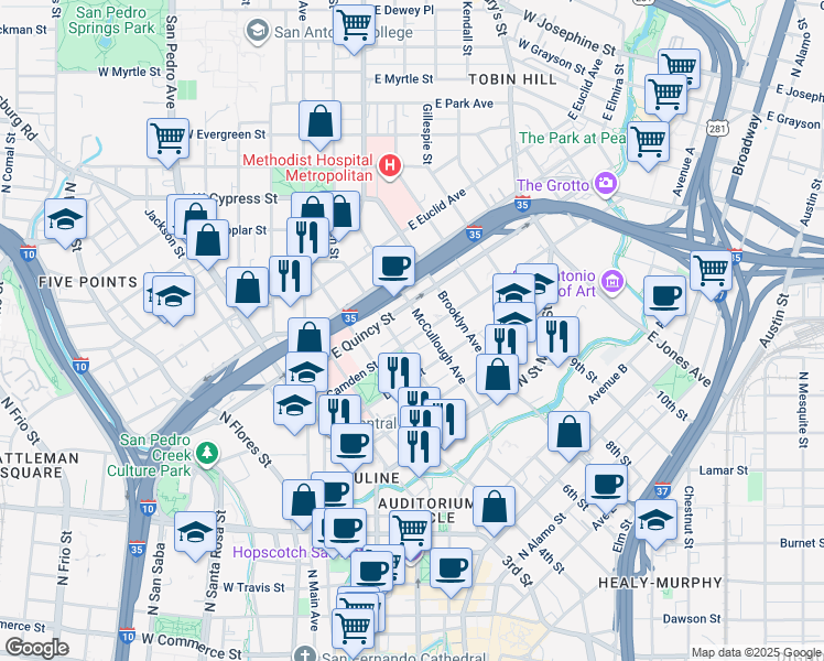 map of restaurants, bars, coffee shops, grocery stores, and more near 515 Camden Street in San Antonio