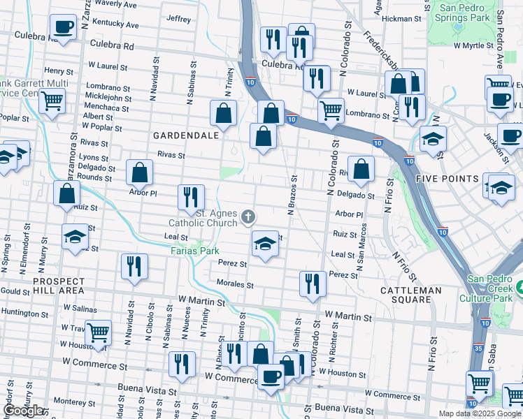 map of restaurants, bars, coffee shops, grocery stores, and more near 642 Arbor Place in San Antonio