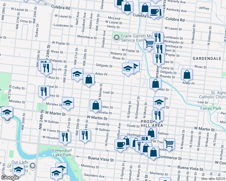 map of restaurants, bars, coffee shops, grocery stores, and more near 1835 Leal Street in San Antonio