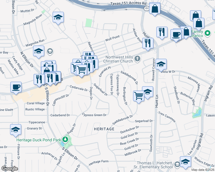 map of restaurants, bars, coffee shops, grocery stores, and more near 330 Cypress Garden Drive in San Antonio