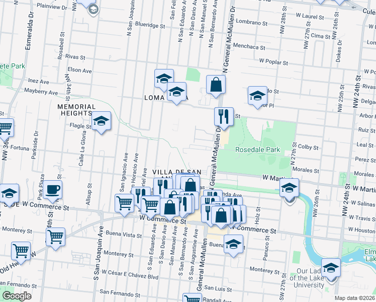 map of restaurants, bars, coffee shops, grocery stores, and more near 363 North General McMullen Drive in San Antonio