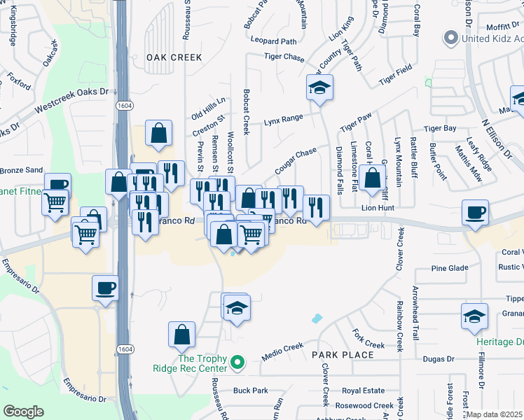 map of restaurants, bars, coffee shops, grocery stores, and more near 10722 Diamond Rock in San Antonio
