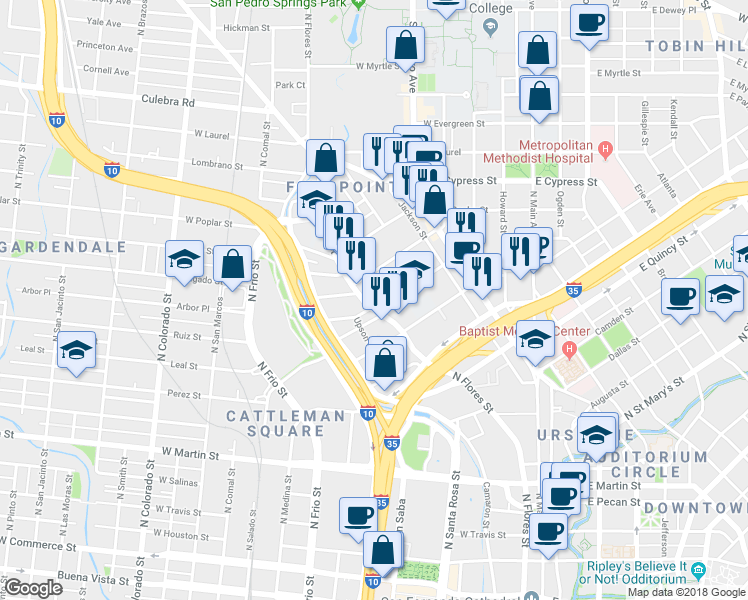 map of restaurants, bars, coffee shops, grocery stores, and more near 522 Marshall Street in San Antonio